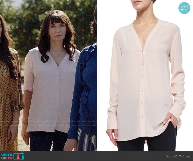 Vince V-Neck Button-Down Silk Blouse worn by Gail Klostermann (Mary Steenburgen) on Last Man On Earth