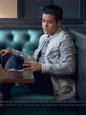 Tony’s gray washed out denim jacket on 13 Reasons Why
