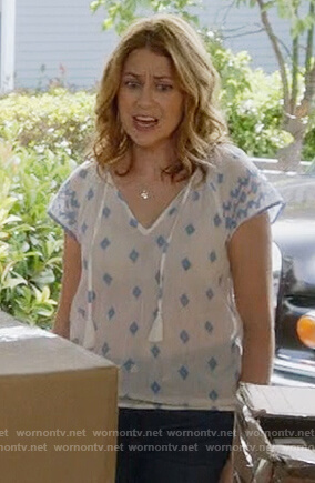 Lena’s white print tassel top on Splitting up Together