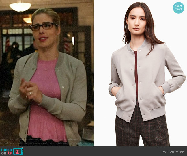 Wilfred Poussin Bomber Jacket in Ashen worn by Felicity Smoak (Emily Bett Rickards) on Arrow