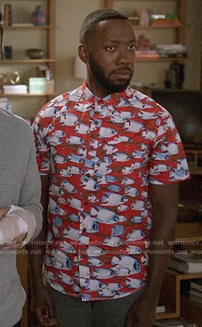 Winston’s red fish print shirt on New Girl