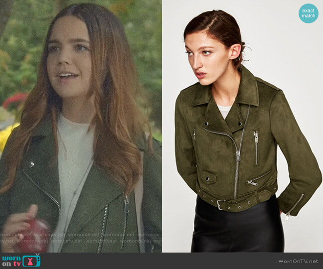 Zara Faux Suede Biker Jacket in Olive Green worn by Grace Russell (Bailee Madison) on Good Witch