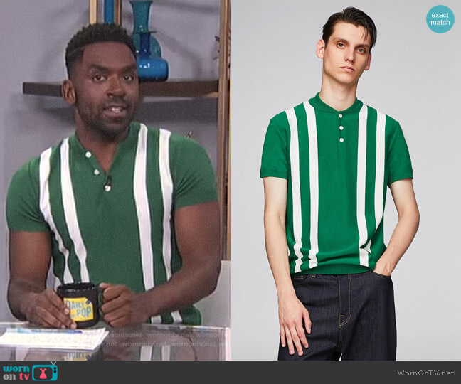 Zara Striped Polo Shirt with Bomber-Style Collar worn by Justin Sylvester on E! News