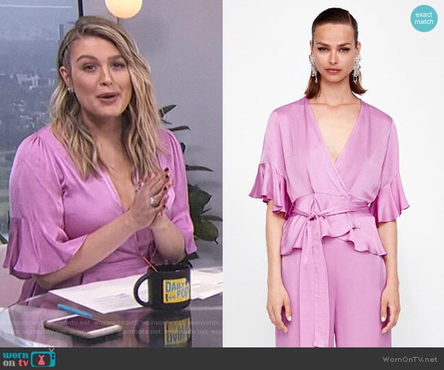 Zara Satin Crossover Blouse worn by Carissa Loethen Culiner on E! News