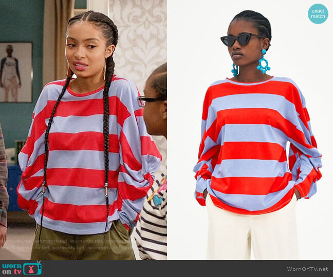 Zara Striped Knotted T-shirt worn by Zoey Johnson (Yara Shahidi) on Black-ish