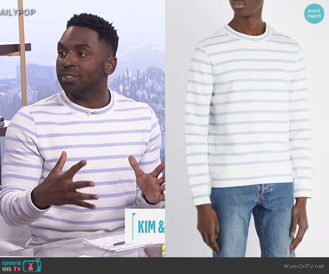 APC Gianno Tutti-Embroidered Striped Sweatshirt worn by Justin Sylvester on E! News