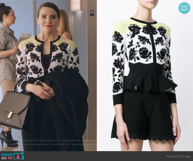 Alexander McQueen floral print peplum cardigan worn by Jane Sloan (Katie Stevens) on The Bold Type