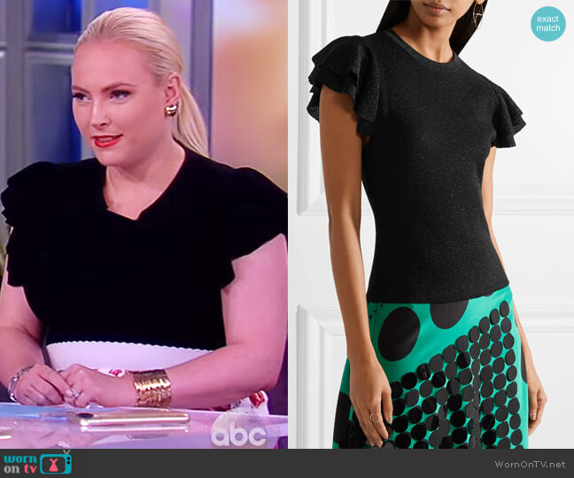 Alice + Olivia Kenia ruffled metallic wool-blend top worn by Meghan McCain on The View