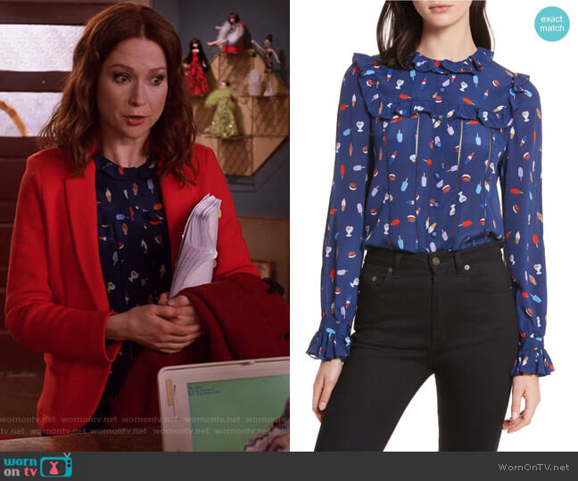 Alice + Olivia Malinda Ruffle Trim Silk Blouse worn by Kimmy Schmidt (Ellie Kemper) on Unbreakable Kimmy Schmidt