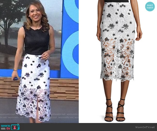 Alice + Olivia Ophelia Lace Midi Skirt worn by Ginger Zee on Good Morning America