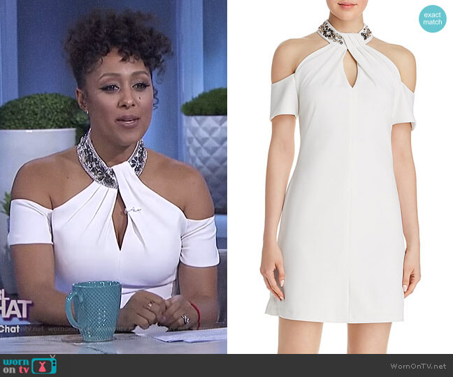 Aqua Embellished Cold-Shoulder Dress worn by Tamera Mowry on The Real
