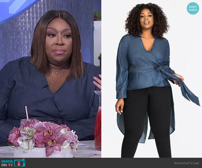 Ashley Stewart Denim Wrap High Low Blouse worn by Loni Love on The Real