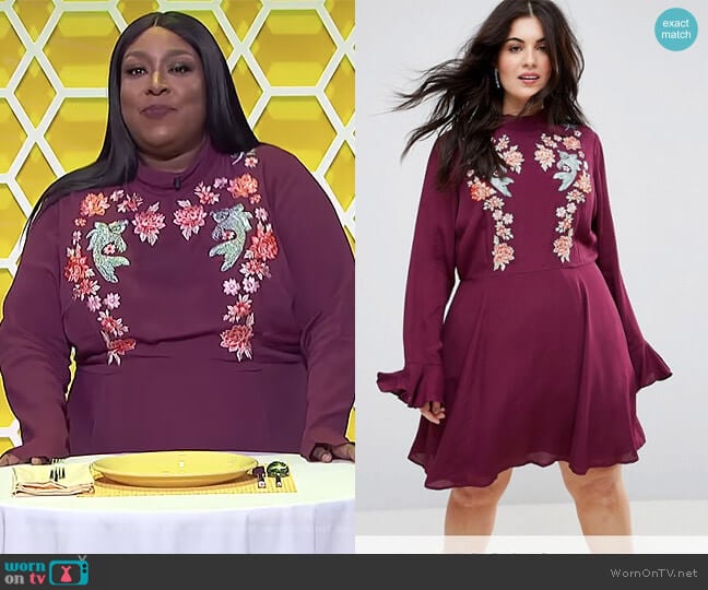 ASOS Embroidered Trumpet Sleeve Mini Dress worn by Loni Love on The Real