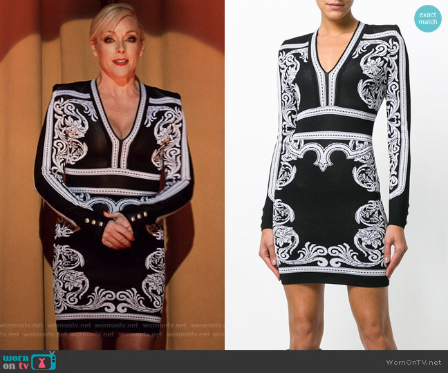 Balmain Long-Sleeve Deep-V Fitted Baroque Short Dress worn by Jacqueline Voorhees (Jane Krakowski) on Unbreakable Kimmy Schmidt