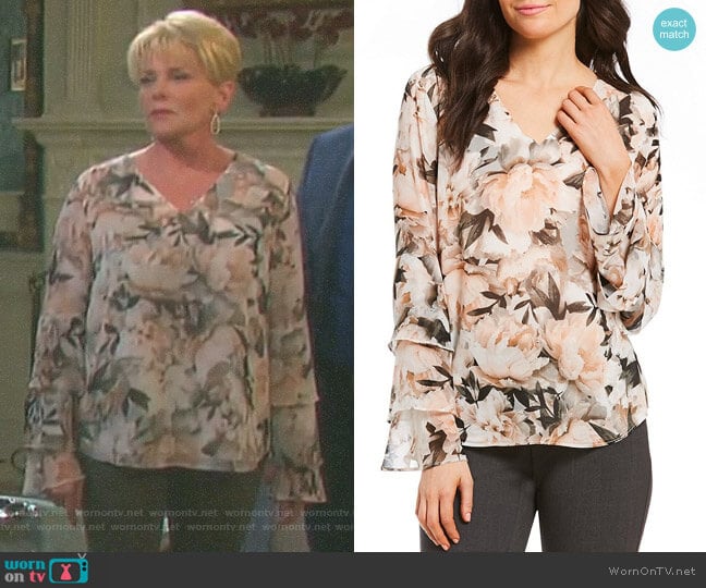 Calvin Klein Floral Print Chiffon V-Neck Tiered Ruffle Sleeve Blouse worn by Adrienne Johnson Kiriakis (Judi Evans) on Days of our Lives