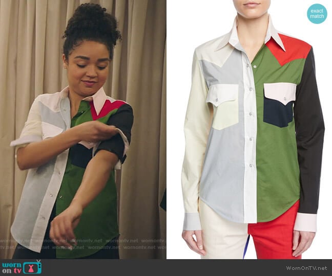 Calvin Klein Colorblock Button-Down Long-Sleeve Cotton Western Shirt worn by Kat Edison (Aisha Dee) on The Bold Type