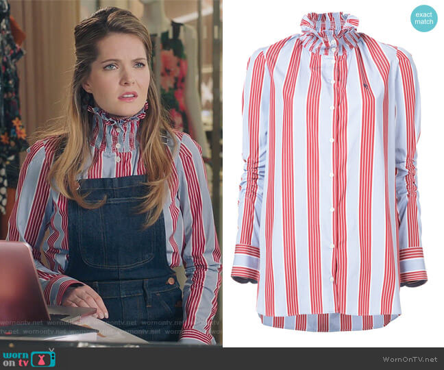 Carven Striped High Neck Blouse worn by Sutton (Meghann Fahy) on The Bold Type