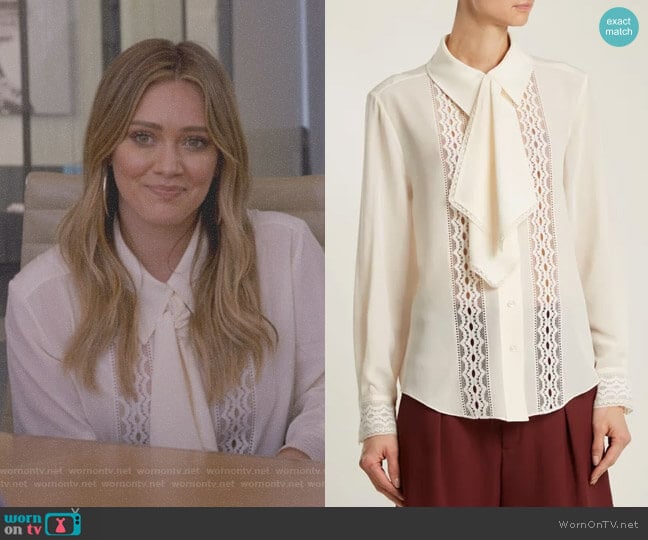 Chloe Lace-Insert Tie-Neck Blouse worn by Kelsey Peters (Hilary Duff) on Younger