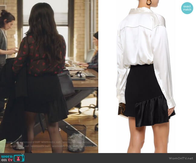 Cinq a Sept Ruffled satin-paneled crepe mini skirt worn by Jane Sloan (Katie Stevens) on The Bold Type