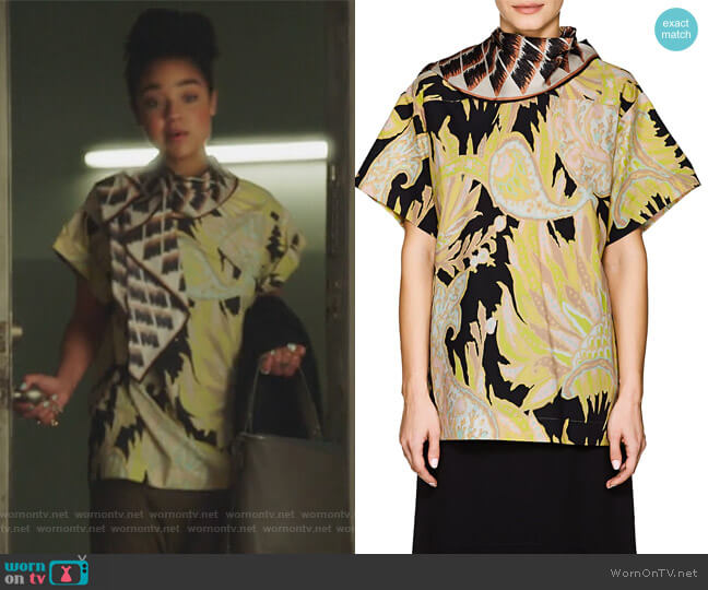 Dries Van Noten Scarf-Neck Abstract-Print Cotton Poplin Blouse worn by Kat Edison (Aisha Dee) on The Bold Type