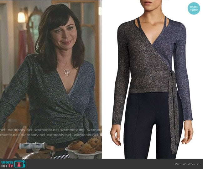 Diane von Furstenberg Lurex Wrap Cardigan worn by Cassandra Nightingale (Catherine Bell) on Good Witch