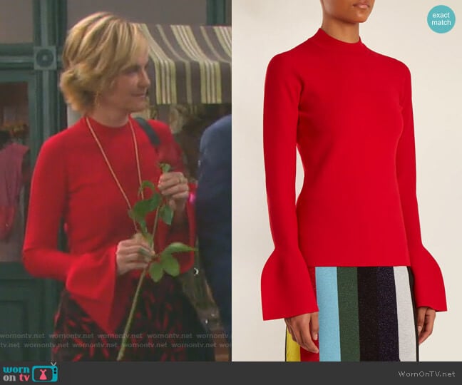 Diane von Furstenberg Bell-Cuff Stretch-Knit Sweater worn by Eve Donovan (Kassie DePaiva) on Days of our Lives