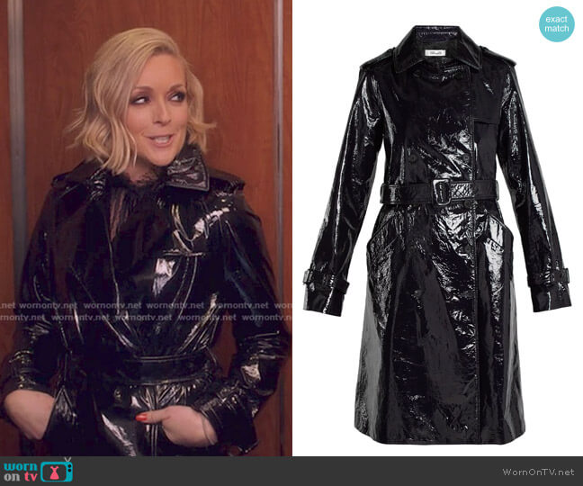 Diane von Furstenberg Double-Breasted Patent-Leather Trench Coat worn by Jacqueline Voorhees (Jane Krakowski) on Unbreakable Kimmy Schmidt