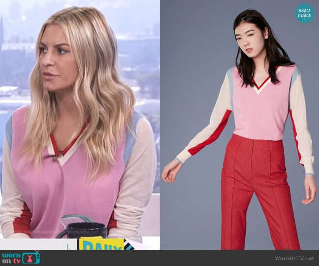 Diane von Furstenberg Long-Sleeve V-Neck Color Block Cotton Pull Over worn by Morgan Stewart on E! News