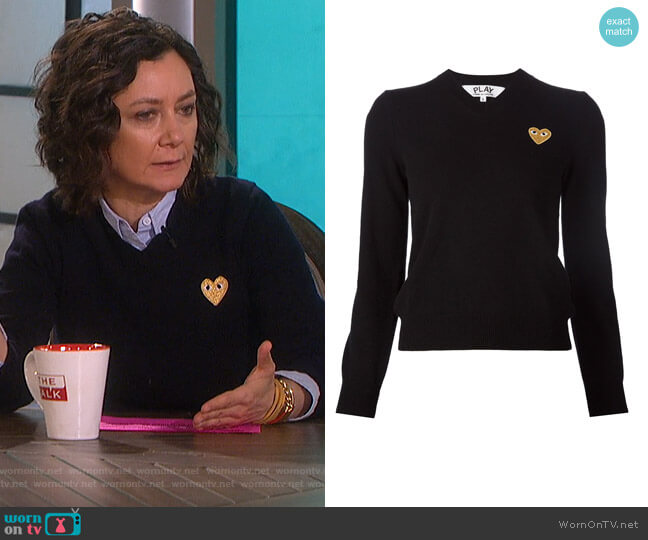 Comme Des Garcons Play Embroidered Heart v-neck Jumper worn by Sara Gilbert on The Talk