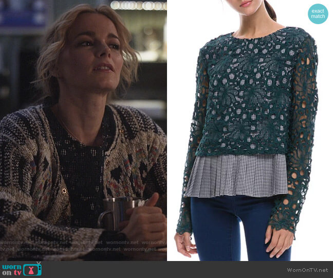 English Factory Crochet and Pleated Peplum Combo Top worn by Lizzie Needham (Bojana Novakovic) on Instinct