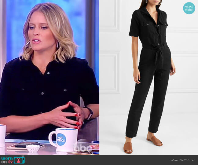Frame Short-Sleeve Button-Down Belted Straight-Leg Cotton-Linen Jumpsuit worn by Sara Haines on The View
