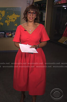Gayle’s red v-neck flared dress on CBS This Morning