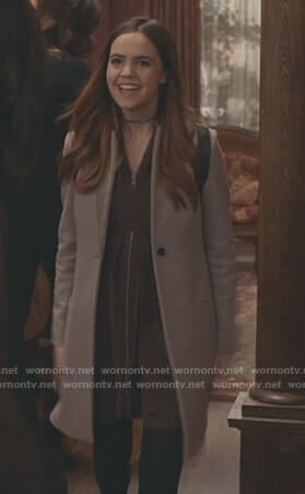 Grace’s brown zip-front dress and grey coat on Good Witch