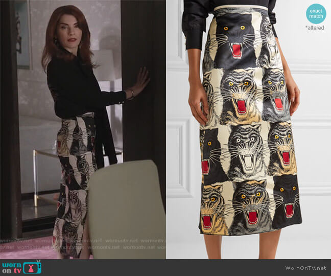 Gucci Printed silk-charmeuse midi skirt worn by Kitty Montgomery (Julianna Margulies) on Dietland
