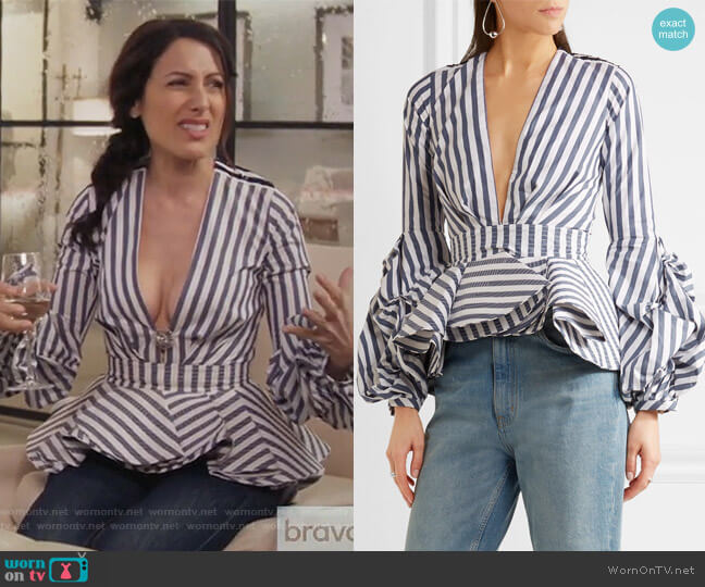 Johanna Ortiz St. Barts ruffled stretch-cotton poplin top worn by Abby McCarthy (Lisa Edelstein) on Girlfriends Guide to Divorce