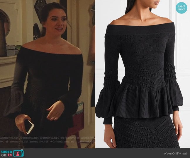 Jonathan Simkhai Off-the-shoulder smocked stretch cotton-blend top worn by Jane Sloan (Katie Stevens) on The Bold Type