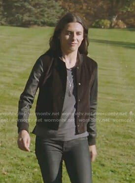 Jules’s black velvet varsity jacket on Imposters