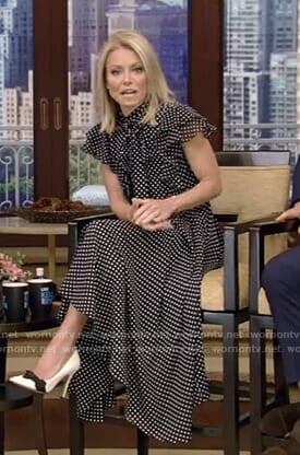 Kelly’s black polka dot ruffle midi dress on Live with Kelly and Ryan
