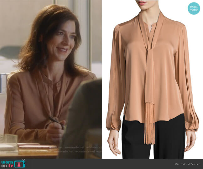 Kobi Halperin Tara Fringed Tie-Neck Stretch-Silk Blouse worn by Nina Devon (Perrey Reeves) on Famous in Love