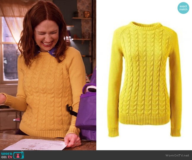Lands End Drifter Cable Knit Sweater in Sunny Yellow worn by Kimmy Schmidt (Ellie Kemper) on Unbreakable Kimmy Schmidt