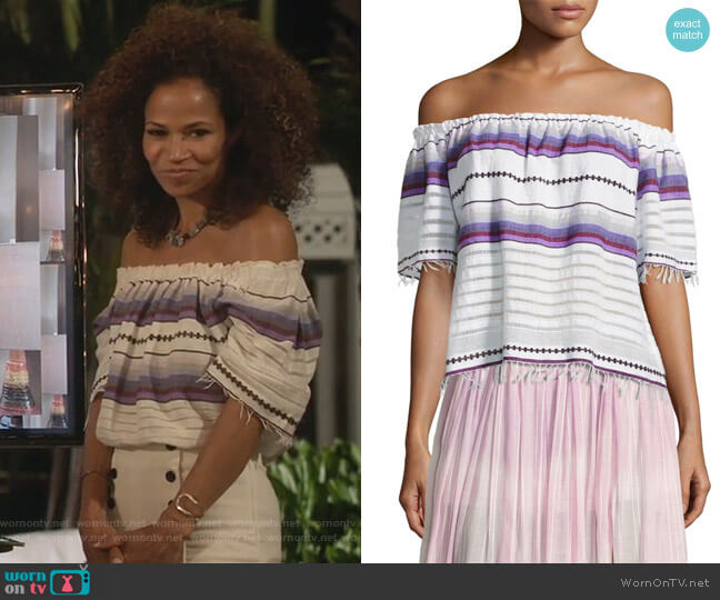 LemLem Adia Striped Off-The-Shoulder Top worn by Lena Adams Foster (Sherri Saum) on The Fosters