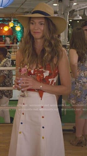 Liza’s orange floral knot front top and white sailor skirt on Younger