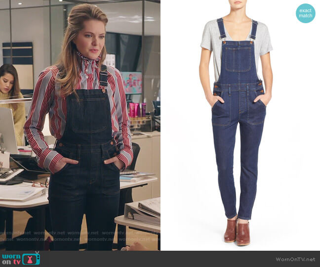 Madewell skinny overalls in judd wash worn by Sutton (Meghann Fahy) on The Bold Type