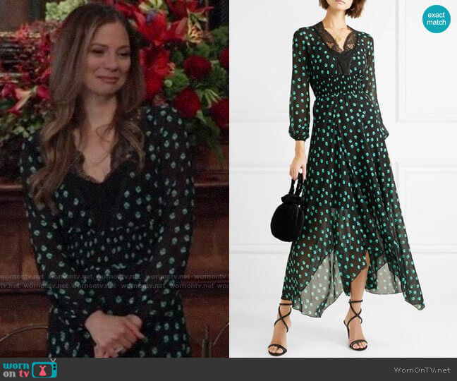 Maje Asymmetric Lace-Trimmed Printed Chiffon Dress worn by Kim Nero (Tamara Braun) on General Hospital
