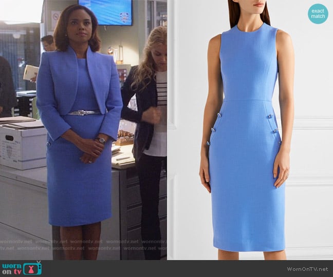 Michael Kors Button-detailed wool-blend crepe midi dress worn by Jasmine Gooden (Sharon Leal) on Instinct
