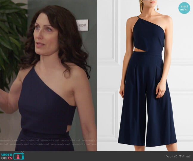 Michelle Mason One-shoulder cutout stretch-crepe jumpsuit worn by Abby McCarthy (Lisa Edelstein) on Girlfriends Guide to Divorce