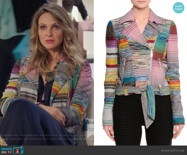 Missoni Patchwork Knit Moto Jacket worn by Phoebe Wells (Beau Garrett) on Girlfriends Guide to Divorce