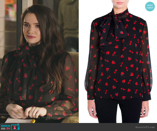 Miu Miu Strawberry & Cherry Print Tie-Neck Blouse worn by Jane Sloan (Katie Stevens) on The Bold Type