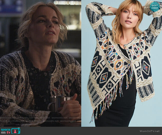 Moth Spectra Fringed Cardigan worn by Lizzie Needham (Bojana Novakovic) on Instinct