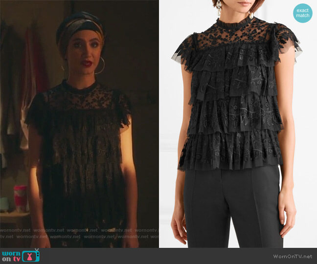 Needle & Thread Tiered embroidered tulle top worn by Adena El-Amin (Nikohl Boosheri) on The Bold Type